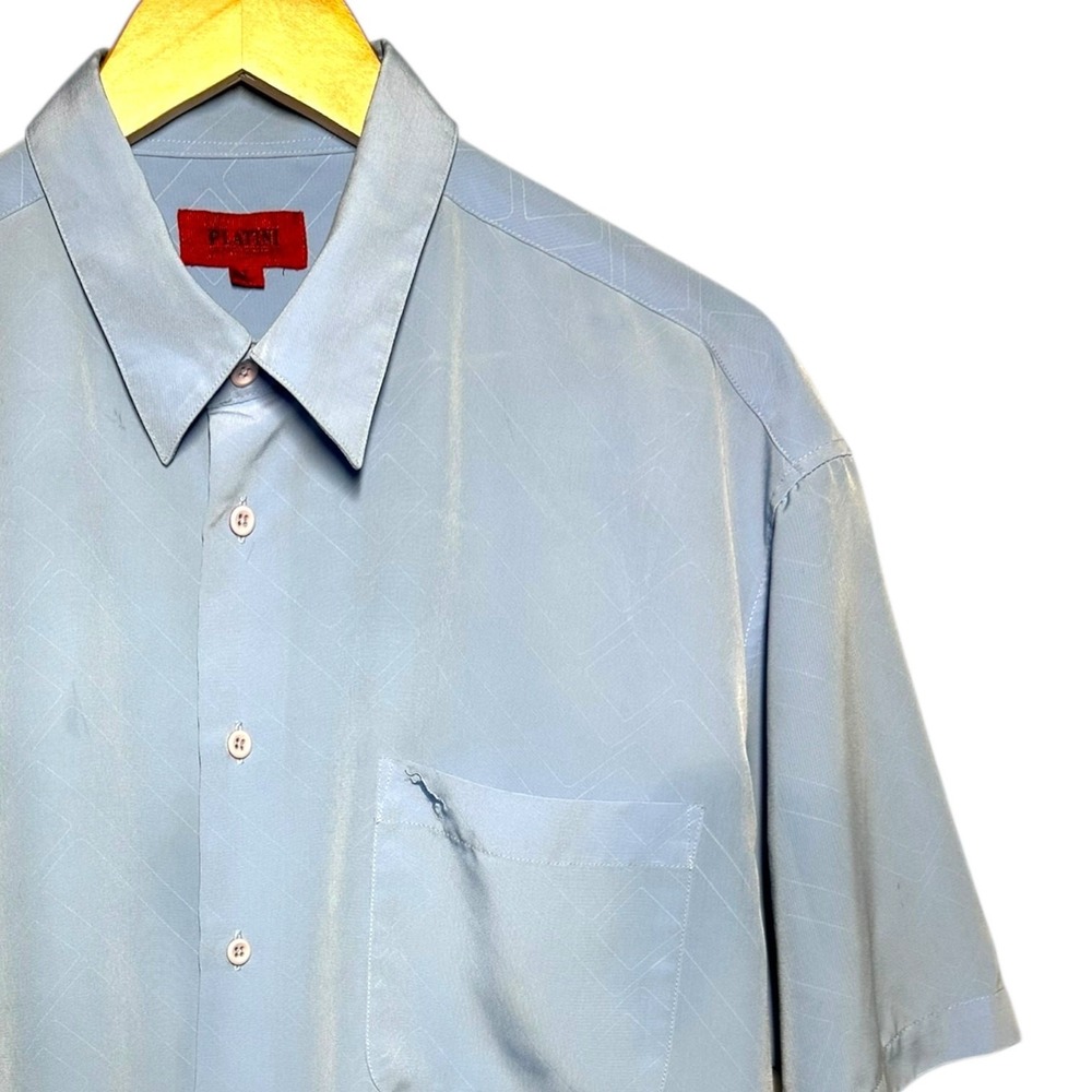 Platini Men's Size L Light Blue Silky Textured Short Sleeve Button Up Shirt
